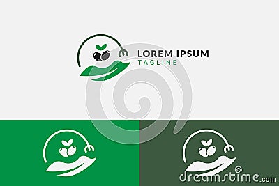 Healthy food logo concept of a fork in a circle around a lettuce leaf and olives Vector Illustration