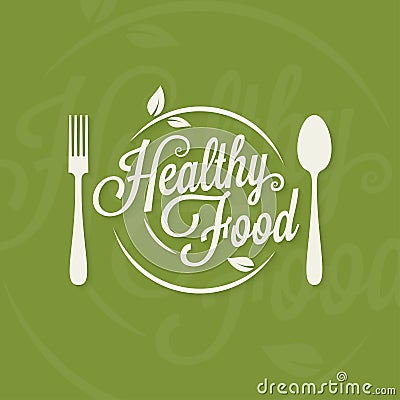 Healthy food logo. Plate with fork and spoon concept on green background Vector Illustration