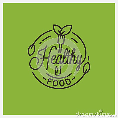 Healthy food logo. Round linear of fork and leafs Vector Illustration