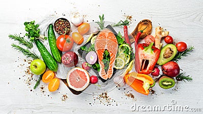 Healthy food menu: fish meat, vegetables and fruits Stock Photo