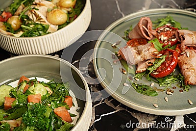 Healthy food menu with three dishes Stock Photo