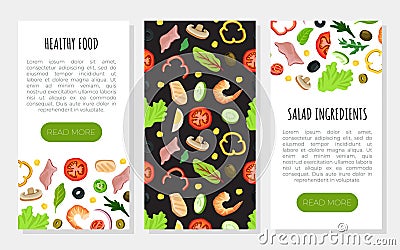 Healthy food mobile app templates set. Salad ingredients, healthy natural vegetarian food landing page, web banner Cartoon Illustration