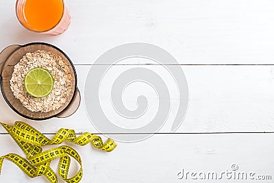 Healthy food with muesli and juice. Top view Stock Photo