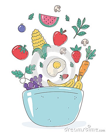 Healthy food nutrition diet organic egg carrot corn apple tomato dish bowl Vector Illustration