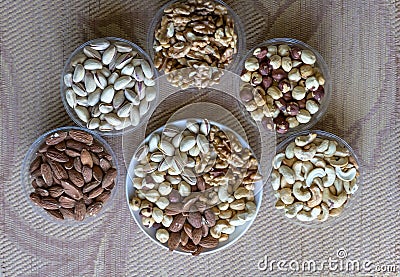 Healthy food. Nuts mix assortment on texture top view. Collection of different legumes for background image close up nuts, Stock Photo