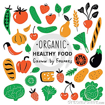 Healthy food, organic products set. Funny doodle hand drawn vector illustration. Farm market cute food collection. Vector Illustration