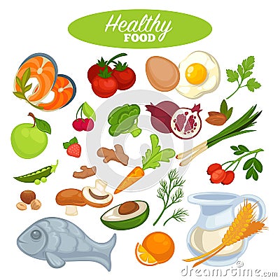 Healthy food poster or natural organic vegetables, fruits or fish products Vector Illustration