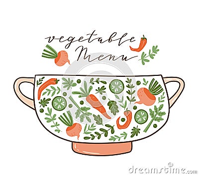 Healthy food poster with text - `Vegetable menu`. Vector illustration - vegetarian meal. Vector Illustration