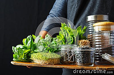 Healthy food source protein vegetarians vegetable greens groats Stock Photo