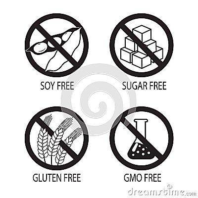 Healthy Food Symbols. Gluten Free. Sugar Free. Gmo Free. Soy Free. Vector Silhouette On A White Background. Vector Illustration