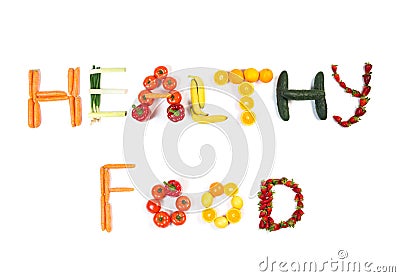 HEALTHY FOOD text made out of fruits and vegetables isolated on white Stock Photo