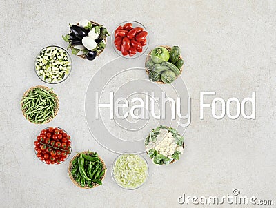 Healthy food text top view vegetables on marble kitchen Stock Photo