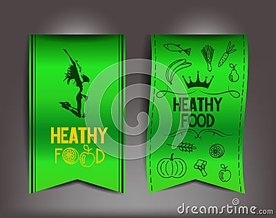 Healthy food vector green labels with icons of products and young woman in a jump Vector Illustration