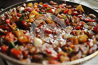 Healthy food vegetables are fried in a pan Tomato eggplant onion pepper zucchini Stock Photo