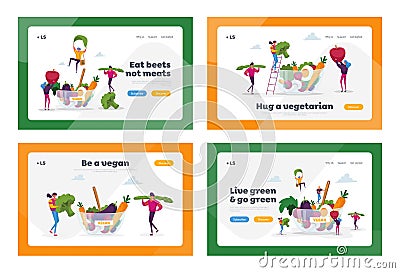 Healthy Food, Vegetarian Diet Landing Page Template Set. Tiny Characters at Huge Bowl with Fruits, Vegetables and Eggs Vector Illustration