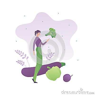 Healthy food vegetarian female concept. Vector flat people llustration. Woman holding vegetables and fruits isolated on white. Stock Photo