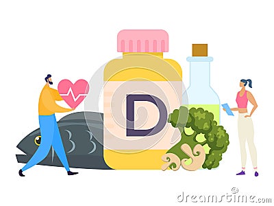 Healthy food, vitamin d, diet, vector Illustration. Foods help replenish body s vitamin supply. Man hold heart symbol in Vector Illustration