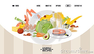 Healthy food website design, vector illustration. Landing page template, diet meal recipes from organic products and Vector Illustration