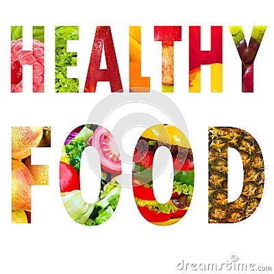 Healthy food word text in capital letters on white Stock Photo