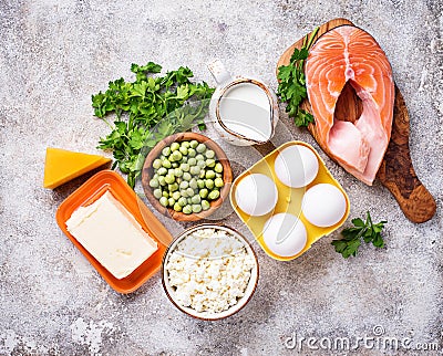 Healthy foods containing vitamin D Stock Photo