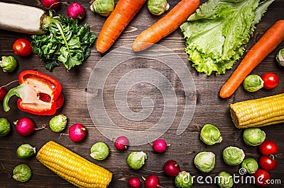 Healthy foods, cooking and vegetarian concept peppers, carrots, daikon, lettuce, radishes, corn, rosemary place text,frame on Stock Photo