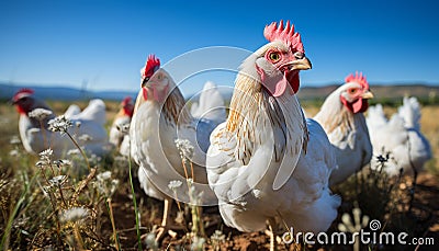 Healthy, free range chickens graze in a green meadow generated by AI Stock Photo