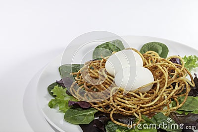 Healthy free range hen`s egg salad with spiralized potato nest Stock Photo