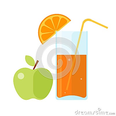 Healthy and fresh food: an apple and glass of juice. Vector Illustration