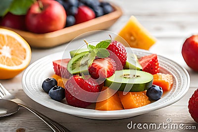 Healthy fresh fruit salad in bowl, Low calorie tasty dessert concept Stock Photo
