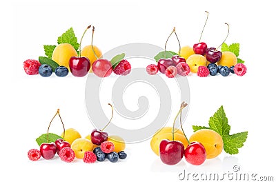 Healthy fresh fruits collage set group mix. Composition of ripe red sweet cherry with horns, raspberries, apricots and blueberries Stock Photo