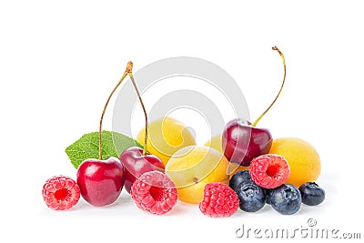 Healthy fresh fruits. Composition of ripe red sweet cherry with horns, raspberries, apricots and blueberries with leaf isolated on Stock Photo