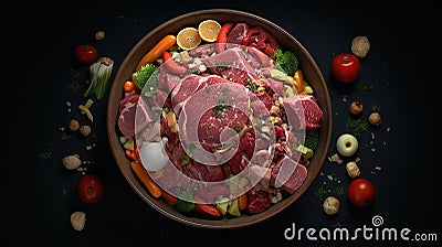 Healthy fresh pet food ingredients on a rustic floor including raw meat in a bowl, a large bone, vegetables , eggs and grains. Stock Photo