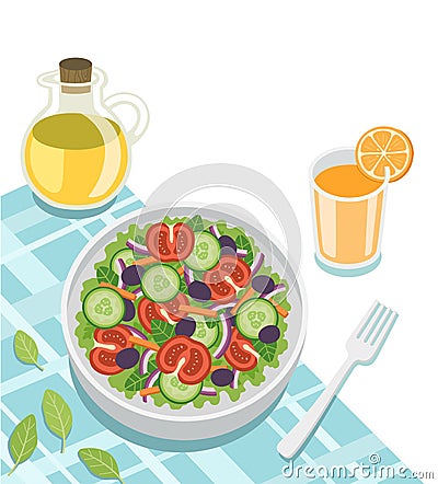 Healthy fresh vegetable salad of cucumber, tomato, spinach, lettuce, onion with orange juice. Vector Illustration