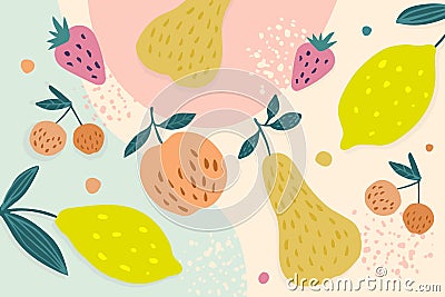 Healthy fruit doodle background. Summer fruit banner with pear, apple, cherry, strawberry, lemon Cartoon Illustration