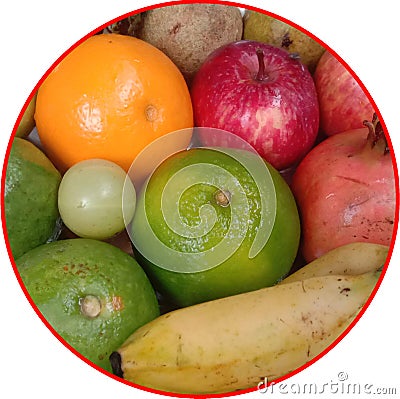 Healthy fruits apple, banana, sweet lime, orange, pomegranate and Gooseberry Stock Photo