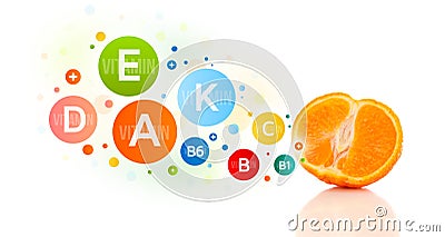 Healthy fruits with colorful vitamin symbols and icons Stock Photo