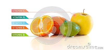Healthy fruits with colorful vitamin symbols and icons Stock Photo