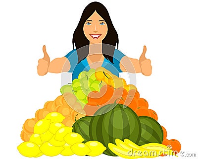 Healthy girl with fruits pyramid Vector Illustration