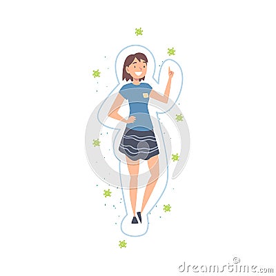 Healthy Girl Protected from Bacterias, Viruses and Germs, Strong Immune System Concept Cartoon Style Vector Illustration Vector Illustration