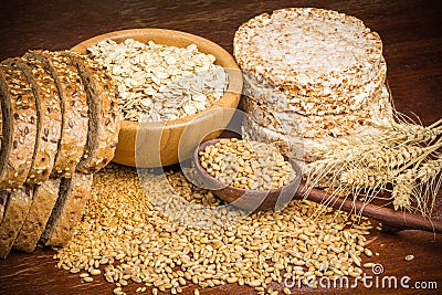 Healthy grains, cereals and whole wheat bread Stock Photo