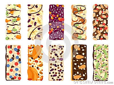 Healthy granola bars. Isolated honey bar with nuts cereal and dried fruits. Muesli cookies, protein energy snacks with Vector Illustration