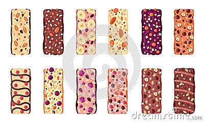 Healthy granola bars. Raw organic vegan muesli bars with dried fruits and nuts, healthy appetizers for the road. Vector Vector Illustration