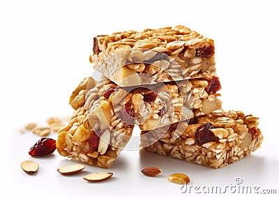 Healthy granola cereal bars with oats, nuts, and chocolate on white background.Macro.AI Generative Stock Photo