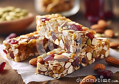 Healthy granola cereal bars with oats, nuts, and raisins on table.Macro.AI Generative Stock Photo