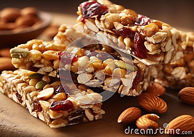 Healthy granola cereal bars with oats, nuts, and raisins on table.Macro.AI Generative Stock Photo