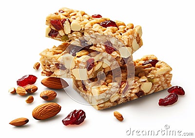 Healthy granola cereal bars with oats, nuts, and raisins on white background.Macro.AI Generative Stock Photo