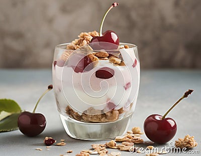 Healthy granola with yogurt and cherries, in a glass Stock Photo