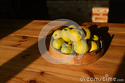 Healthy green food with apples on wood plates desk background mock up Stock Photo