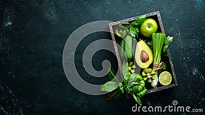 Healthy Green food Clean eating selection Protein source for vegetarians: avocado, lime, onion, apple, kiwi, spirulina. Stock Photo