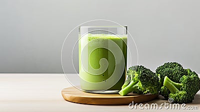 a healthy green smoothie, featuring broccoli, elegantly presented in a glass on a white wood background. The composition Stock Photo